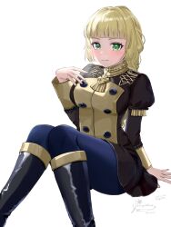 Rule 34 | 1girl, blonde hair, blue pantyhose, blush, braid, breasts, closed mouth, fire emblem, fire emblem: three houses, garreg mach monastery uniform, green eyes, highres, ingrid brandl galatea, long hair, long sleeves, looking at viewer, medium breasts, mugitoro (dsfv2277), nintendo, pantyhose, simple background, smile, solo, white background
