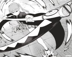 1girl absurdres coat gloves greyscale highres holding holding_scythe maka_albarn monochrome motion_lines pleated_skirt scythe skirt soul_eater soul_evans speed_lines speedl00ver standing twintails twitter_username