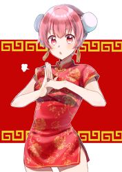 1girl :o blush breasts bun_cover china_dress chinese_clothes cowboy_shot double_bun dress earrings hair_bun harusawa highres jewelry looking_at_viewer momoi_airi open_mouth pink_hair print_dress project_sekai red_background red_dress red_eyes short_hair short_sleeves solo
