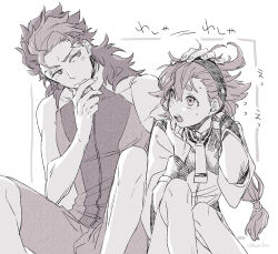1boy 1girl asticassia_school_uniform bare_shoulders blush guel_jeturk gundam gundam_suisei_no_majo hair_between_eyes hairband hand_on_another&#039;s_head hand_on_own_face jacket long_sleeves low_ponytail monochrome mullet multicolored_hair open_mouth ponytail school_uniform shirt short_hair_with_long_locks shorts sitting sleeveless sleeveless_shirt suletta_mercury sweatdrop thick_eyebrows two-tone_hair upper_body wakaya_hana white_background white_jacket