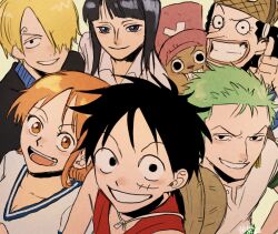 2girls 5boys black_hair blonde_hair blunt_bangs collared_shirt commentary curly_eyebrows earrings facial_scar feichangkou green_hair hair_over_one_eye hat highres jewelry long_nose looking_at_viewer monkey_d._luffy multiple_boys multiple_girls nami_(one_piece) nami_(one_piece)_(east_blue) nico_robin nico_robin_(alabasta) one_piece open_mouth orange_hair pale_skin pink_hat roronoa_zoro sanji_(one_piece) scar scar_on_cheek scar_on_face shirt straw_hat straw_hat_pirates thumbs_up tony_tony_chopper usopp v-neck