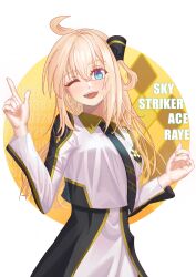 1girl ;) absurdres blonde_hair blue_eyes blush breasts dress duel_monster green_eyes hair_ornament highres long_hair long_sleeves looking_at_viewer necktie one_eye_closed open_mouth pinkyringring sky_striker_ace_-_raye smile solo yu-gi-oh!