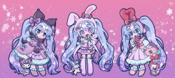 1girl animal_ears blue_eyes bow dress gloves gradient_background hareeangkki hatsune_miku hello_kitty_(character) index_finger_raised kuromi long_hair mittens multiple_views my_melody pink_dress pink_shoes purple_bow purple_dress purple_eyes purple_skirt rabbit_ears rabbit_yukine sanrio shoes skirt snowflakes thighhighs twintails very_long_hair vocaloid white_gloves yuki_miku