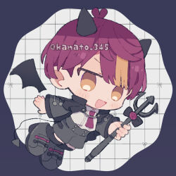 1boy :d black_horns black_jacket black_shoes black_shorts black_socks black_wings blush chibi chibi_only collared_shirt commentary cone_horns demon_boy demon_tail demon_wings detached_wings full_body grid_background highres holding holding_polearm holding_weapon horns jacket kanamochi_kanato long_sleeves looking_at_viewer male_focus multicolored_hair necktie open_mouth orange_hair original polearm red_hair red_necktie shirt shoes short_hair shorts smile socks solo streaked_hair tail trident weapon white_background white_shirt wings yellow_eyes