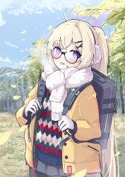 1girl absurdres ahoge argyle_clothes argyle_sweater backpack bag black-framed_eyewear black_bag black_pantyhose black_skirt black_sweater blonde_hair blue_archive blue_sky blush breath brown_sweater commentary_request cowboy_shot earmuffs emo_mon329 forest glasses gloves halo hands_up highres holding_strap jacket kotama_(blue_archive) kotama_(camp)_(blue_archive) long_hair long_sleeves looking_at_viewer miniskirt multicolored_sweater nature official_alternate_costume outdoors pantyhose parted_lips partial_commentary pleated_skirt ponytail puffy_long_sleeves puffy_sleeves purple_eyes purple_halo red_sweater scarf semi-rimless_eyewear skirt sky smile solo steam sweater under-rim_eyewear white_gloves white_scarf yellow_jacket