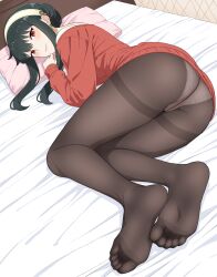 1girl ass black_hair feet hairband highres light_blush long_hair looking_at_viewer lying on_bed on_side panties panties_under_pantyhose pantyhose pantyshot red_eyes smile soles spy_x_family tobari_(artist) toes underwear yor_briar