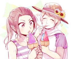 2boys axis_powers_hetalia bare_shoulders blonde_hair blush brown_eyes brown_hair brown_hat china_(hetalia) closed_eyes closed_mouth collarbone commentary_request dog_bow_wow eating flower food hands_up hat hat_flower hat_ornament heart holding holding_food holding_ice_cream holding_spoon ice_cream ice_cream_cone long_hair looking_at_food male_focus multiple_boys open_mouth ponytail purple_tank_top russia_(hetalia) scarf shirt short_hair short_sleeves sidelocks smile sparkle spoon striped_tank_top summer sunflower t-shirt tank_top triangle_background upper_body v-shaped_eyebrows white_background white_scarf white_shirt yellow_flower