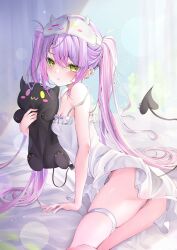 1girl absurdres alternate_costume arm_support bare_arms bare_shoulders bibi_(tokoyami_towa) black_panties blush breasts chemise closed_mouth day demon_tail dress ear_piercing feet_out_of_frame frilled_dress frills from_side green_eyes highres holding holding_stuffed_toy hololive indoors long_hair looking_at_viewer lying multicolored_hair on_bed on_side panties piercing pink_hair purple_hair ririge see-through_clothes see-through_dress short_dress sleep_mask small_breasts spaghetti_strap strap_slip streaked_hair stuffed_toy tail tail_ornament tail_piercing thigh_strap thighs tokoyami_towa twintails underwear very_long_hair virtual_youtuber white_chemise white_dress