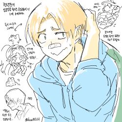 2024 2boys 2girls arm_behind_head artist_name backpack bag bandaid bandaid_on_face bandaid_on_nose blonde_hair blue_sweater blush bow bowtie chibi collarbone commentary dusame64 facial_hair goomba goombella green_eyes hat highres intelligent_systems koopa_troopa koopie_koo koops korean_commentary korean_text mario mario_(series) multiple_boys multiple_girls mustache nervous nintendo nose_blush paper_mario paper_mario:_the_thousand-year_door parted_bangs personification profile simple_background steepled_fingers sweatdrop sweater turtle_shell turtleneck white_background