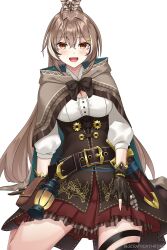 1girl blush breasts brown_cloak brown_hair brown_skirt cleavage cloak high_ponytail highres hololive hololive_english long_hair nanashi_mumei open_mouth pleated_skirt ponytail seraphim_throne simple_background skirt smile solo tongue virtual_youtuber white_background