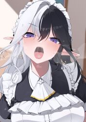 1girl absurdres apron black_hair blush commission earrings eileennoir gloves gokkun highres indie_virtual_youtuber jewelry long_hair looking_at_viewer maid maid_apron maid_headdress multicolored_hair open_mouth pointy_ears purple_eyes saliva short_sleeves skeb_commission solo sweat teeth tongue tongue_out two-tone_hair upper_teeth_only virtual_youtuber white_apron white_gloves white_hair yanagui_yugi