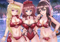 3girls :p arm_at_side arm_on_own_head arm_up assault_lily bare_arms bare_shoulders bikini black_collar blonde_hair blue_eyes blunt_bangs blush bow bracelet braid braided_ponytail breasts brown_hair building casual_one-piece_swimsuit chair cleavage closed_mouth clothing_cutout collar collarbone commentary_request cross-laced_clothes cross-laced_one-piece_swimsuit floral_print flower hair_between_eyes hair_bow hair_flower hair_ornament hair_over_shoulder hair_ribbon hair_scrunchie halterneck hand_on_own_hip hand_up high_ponytail highres imai_tomohiro jewelry kaede_johan_nouvel large_breasts long_hair looking_at_viewer lounge_chair low_ponytail miyagawa_takane multi-strapped_bikini_bottom multiple_girls navel neck_tassel night night_sky official_alternate_costume official_alternate_hairstyle one-piece_swimsuit orange_flower outdoors palm_tree parted_lips pearl_hair_ornament ponytail pool print_bikini purple_eyes red_bikini red_bow red_one-piece_swimsuit reflection reflective_water ribbon ring scrunchie see-through_clothes serizawa_chikaru side-by-side side-tie_bikini_bottom side_cutout side_ponytail sidelocks single_braid sky skyscraper smile standing star_(sky) stomach swimsuit tassel tongue tongue_out tree very_long_hair water wet wet_clothes wet_hair wet_swimsuit white_flower white_ribbon white_scrunchie wrist_flower wristband