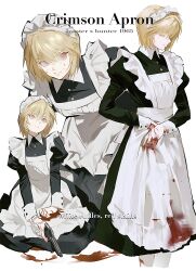 Rule 34 | 1boy, absurdres, apron, black dress, blonde hair, blood, blood on clothes, blood on hands, closed eyes, closed mouth, collared dress, crossdressing, dress, frilled apron, frills, gun, highres, holding, holding gun, holding weapon, hunter x hunter, juliet sleeves, kurapika, long sleeves, looking at viewer, looking up, maid, maid apron, maid headdress, male focus, male maid, multiple views, puffy sleeves, red eyes, short hair, shouka (ly880217), simple background, weapon, white apron, white background, white sleeve cuffs