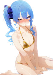 1girl absurdres asymmetrical_sidelocks bare_shoulders between_legs bikini blue_bow blue_eyes blue_hair blush bow collarbone commentary dot_nose double-parted_bangs embarrassed english_commentary eyebrows_hidden_by_hair flat_chest gold_bikini golden_week_bikini grin hair_between_eyes hair_bow hand_between_legs highres hololive hoshimachi_suisei long_hair looking_at_viewer narrowed_eyes navel nose_blush serelith side_ponytail simple_background sitting smile solo sweat swimsuit thighs virtual_youtuber wariza wavy_hair white_background