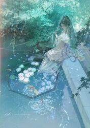 1girl animal artist_name black_hair blue_hair bush dress earrings fish floor_tiles flower hair_ornament hand_on_ground highres illumi999 japanese_clothes jewelry kimono leaf lipstick makeup open_mouth original pale_skin petals rain ribbon signature sitting solo tree water