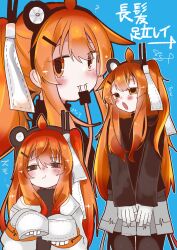 1girl a.i._voice absurdres adachi_rei ahoge alternate_hair_length alternate_hairstyle black_shirt blue_background blush cable cable_in_mouth electric_plug grey_shorts hair_ribbon headlamp highres jacket long_hair long_sleeves looking_at_viewer multiple_views open_clothes open_jacket open_mouth orange_eyes orange_hair pleated_shorts ribbon shimashiro_itsuki shirt shorts utau white_jacket white_ribbon