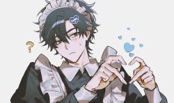 1boy ? alternate_costume apron black_dress black_eyes black_hair blush cheng_xiaoshi closed_mouth collared_dress crossdressing dress enmaided frilled_apron frills grey_background hair_between_eyes hair_ornament hairclip hands_up heart heart_hair_ornament heart_hands highres juliet_sleeves justjust_monika long_sleeves looking_to_the_side maid maid_apron maid_headdress male_focus puffy_long_sleeves puffy_sleeves shiguang_dailiren short_hair simple_background sleeve_cuffs solo sweat sweatdrop upper_body white_apron white_background