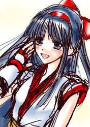 1girl ainu_clothes arm_up blonde_hair blue_eyes breasts fingerless_gloves gloves hair_ribbon hand_on_own_face highres long_hair looking_at_viewer nakoruru open_mouth ribbon samurai_spirits small_breasts smile snk solo the_king_of_fighters tongue very_long_hair