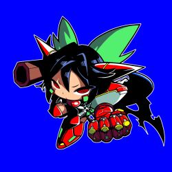 1girl arm_cannon armor armored_boots black_cape black_hair blue_background boots bow cape clenched_hand closed_mouth commentary_request control_rod_(touhou) cookie_(touhou) cosplay full_body gauntlets getter-1 getter-1_(cosplay) getter_robo green_bow hair_between_eyes hair_bow highres long_hair looking_at_viewer mecha_musume nadeko_(cookie) red_armor red_eyes reiuji_utsuho ringed_eyes simple_background solo third_eye tonchamon_san touhou v-shaped_eyebrows weapon