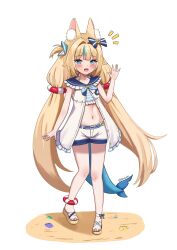 Rule 34 | 1girl, absurdres, animal ear fluff, animal ears, beach, blue eyes, blue hair, brown sandals, cat ears, commentary, dress, english commentary, fins, fish girl, fish tail, highres, indie virtual youtuber, long hair, looking at viewer, low twintails, multicolored hair, sameko saba, sand, sandals, sharkudon, short shorts, shorts, sleeveless, sleeveless dress, solo, streaked hair, tail, twintails, very long hair, virtual youtuber, white background, white dress, white shorts