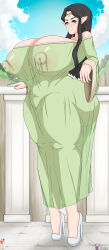 1girl absurdres artist_name arwen ass black_hair blue_eyes breasts censored cleavage closed_mouth cloud collarbone curvy day dress elf eyelashes feet female_focus forest full_body green_dress high_heels highres huge_areolae huge_ass huge_breasts huge_nipples large_ears legs long_hair nature navel nude outdoors patreon_logo pointy_ears pussy see-through_clothes sidelocks sky solo stiletto_heels stomach the_lord_of_the_rings thighs tiara tiptoes tolkien&#039;s_legendarium ultiblackfire