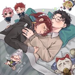 2boys 4girls :t antennae ayase_momo ayase_seiko beehive_hairdo bell black_hair black_hoodie black_jacket blanket blonde_hair blush brown_eyes brown_sweater chestnut_mouth chibi chibi_inset cigarette closed_eyes collared_shirt comimingming couple dandadan dated dress drooling enjoji_jin fish-shaped_pillow glasses green_dress grey_hair grey_pants head_on_another&#039;s_chest hetero highres hood hoodie jacket long_sleeves lying lying_on_person maneki-neko messy_hair multiple_boys multiple_girls neck_bell o3o on_back on_stomach open_mouth pants pillow pink_hair ponytail red-framed_eyewear red_hair semi-rimless_eyewear shiratori_aira_(dandadan) shirt sleeping smoking sweater sweater_vest takakura_ken_(dandadan) turbo_granny_(dandadan) vamola_(dandadan) yarn yarn_ball zzz