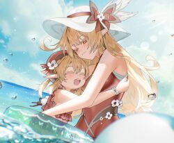Rule 34 | 2girls, alice (genshin impact), bare shoulders, blonde hair, blue sky, cloud, cloudy sky, cowlick, genshin impact, hat, highres, hug, klee (genshin impact), long hair, miik (xhsa3585), mother and daughter, multiple girls, ocean, one-piece swimsuit, open mouth, orange eyes, partially submerged, pointy ears, red hat, red one-piece swimsuit, sky, smile, sunlight, swim ring, swimsuit, water, water drop, white hat, wide brim