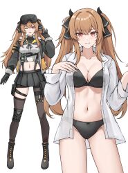 1girl absurdres black_bra black_gloves black_jacket black_panties black_skirt blush bra breasts brown_eyes brown_hair chest_harness cleavage collarbone full_body girls&#039;_frontline girls&#039;_frontline_2:_exilium gloves gongbangmanchi_(daisy_cutter) hair_ornament harness head-mounted_display highres holster jacket knee_pads large_breasts lenna_(girls&#039;_frontline_2) long_hair long_sleeves looking_at_viewer midriff multiple_views navel one_eye_closed open_clothes open_jacket open_mouth open_shirt panties pleated_skirt shirt simple_background single_knee_pad skirt standing thigh_holster thighs twintails ump9_(girls&#039;_frontline) underwear white_background white_shirt