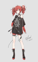 Rule 34 | 1girl, absurdres, black boots, black shirt, blush, boots, closed mouth, drill hair, hair between eyes, highres, kasane teto, kieed, leash, long hair, looking at viewer, number tattoo, red eyes, red hair, red shorts, shirt, short sleeves, shorts, shoulder tattoo, single bare shoulder, solo, t-shirt, tattoo, twin drills, utau