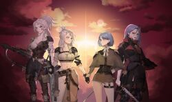 4girls abs absurdres aged_up aiguillette belt black_gloves black_thighhighs blood blood_on_face blood_stain boots breasts cape claymore_(sword) collarbone corset cowboy_shot dagger earrings epaulettes fingerless_gloves gloves grey_eyes grey_hair hand_on_own_hip high_ponytail highres holding_hands huge_weapon jewelry kikouma1098 knife large_breasts leather leather_boots lipstick long_hair makeup mantle mole mole_under_eye multiple_girls navel outdoors padded_armor pants ponytail rapier rawiyah_(sword_of_convallaria) red_clouds red_sky safiyyah_(sword_of_convallaria) sheath shoulder_pads sidelocks sky smile sunset sword sword_of_convallaria thighhighs tsurime very_long_hair weapon yuri