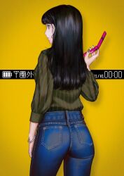 1girl arm_at_side ass black_hair blue_pants bracelet cellphone cowboy_shot denim earrings from_behind holding holding_phone hoop_earrings jeans jewelry long_hair long_sleeves nizuma original pants phone shirt solo yellow_background