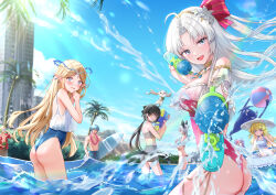 2boys 6+girls abby_(wuthering_waves) ahoge akasaka_asa alternate_costume aqua_eyes ass bare_shoulders black_hair blonde_hair blue_eyes blue_hair blue_one-piece_swimsuit blue_sky blush bow brant_(wuthering_waves) breasts carlotta_(wuthering_waves) cartethyia_(wuthering_waves) commentary_request cristoforo_(wuthering_waves) crown_of_thorns day dual_wielding earrings female_rover_(wuthering_waves) finger_on_trigger frilled_one-piece_swimsuit frills hair_bow hat hawaiian_shirt highres holding holding_surfboard holding_water_gun innertube jewelry long_hair looking_at_viewer medium_breasts multiple_boys multiple_girls navel off-shoulder_one-piece_swimsuit off_shoulder official_alternate_costume one-piece_swimsuit open_mouth outdoors parted_bangs pero_(wuthering_waves) phoebe_(wuthering_waves) pink_bow pink_one-piece_swimsuit pointy_ears roccia_(wuthering_waves) rover_(wuthering_waves) shirt sky smile stomach striped_bow sunglasses surfboard swim_ring swimsuit tacet_mark_(wuthering_waves) thighs thong_one-piece_swimsuit water_gun white_hair white_hat white_shirt wuthering_waves zani_(wuthering_waves)