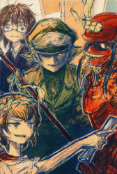 4girls armor belt black_belt black_eyes black_hair blonde_hair breasts brown_eyes brown_hair caesar_(girls_und_panzer) cosplay covered_face dou erwin_(girls_und_panzer) erwin_rommel erwin_rommel_(cosplay) gauntlets girls_und_panzer glasses gloves goggles goggles_on_headwear greco-roman_clothes haori hat helmet highres holding holding_baton holding_polearm holding_staff holding_weapon jacket japanese_armor japanese_clothes jimiko julius_caesar julius_caesar_(cosplay) kabuto_(helmet) kote laurel_crown long_hair long_sleeves looking_at_viewer messy_hair military military_hat military_jacket military_uniform multiple_girls octagram open_mouth oryou_(girls_und_panzer) partially_shaded_face payama peaked_cap pointing pointy_hair polearm ponytail red_armor red_gloves red_helmet red_scarf roman_clothes saemonza_(girls_und_panzer) sanada_clan_(emblem) scarf semi-rimless_eyewear shirt short_hair simple_background smile staff teeth under-rim_eyewear upper_teeth_only weapon white_background