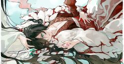 1boy absurdres antler_ring antlers aqua_eyes black_eyes black_hair blue_background cherry_blossoms chinese_clothes e.g.o_(project_moon) eastern_dragon_horns erzheawa hanfu heterochromia highres hong_lu_(project_moon) horn_ornament horn_ring horns impaled limbus_company long_hair long_sleeves looking_at_viewer lying male_focus on_back project_moon red_hanfu simple_background single_antler single_horn solo tears_of_the_tarnished_blood_(e.g.o) two-tone_robe upper_body