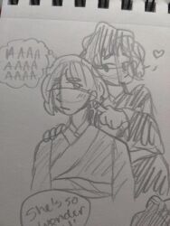 Rule 34 | 1female1male, age difference, couple, dazai osamu (isekai shikkaku), doodle, genderswap, genderswap (ftm), genderswap (mtf), height difference, isekai shikkaku, paper, pencil, sacchan (isekai shikkaku)