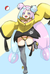 bikini boots bow-shaped_hair character_hair_ornament gold_bikini grey_boots hair_ornament hexagon_print highres iono_(pokemon) jacket multicolored_hair nintendo oversized_clothes pokemon pokemon_sv ponimeko sharp_teeth single_leg_pantyhose sleeves_past_wrists split-color_hair teeth two-tone_hair very_long_sleeves yellow_jacket