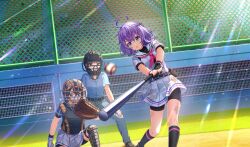 3girls ahoge asada_aoi ball baseball baseball_(object) baseball_bat baseball_glove baseball_stadium baseball_uniform belt belt_buckle belt_pouch bike_shorts_under_skirt black_belt black_footwear black_gloves black_pouch black_shirt black_shorts black_socks black_undershirt blue_eyes blue_shirt brown_eyes buckle catcher&#039;s_mask catcher_(baseball) chain-link_fence chest_protector cinderella_series curly_hair dutch_angle fence film_grain fingerless_gloves game_cg gloves green_eyes grey_gloves grey_pants hachigatsu_no_cinderella_nine highres holding holding_baseball_bat light_particles light_rays looking_at_object metal_baseball_bat motion_blur multiple_girls neckerchief non-web_source official_art outdoors pants parted_lips pink_neckerchief playing_sports pleated_skirt pouch purple_hair satogahama_baseball_uniform shin_guards shirt shirt_under_shirt short_hair short_sleeves shorts skirt socks sportswear standing striped_belt striped_clothes striped_shirt sunbeam sunlight swinging umpire vertical-striped_clothes vertical-striped_shirt wristband