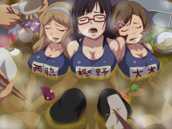 3girls ao_no_exorcist black_hair blue_one-piece_swimsuit blush bowl breasts breath brown_hair carrot chopsticks cleavage closed_eyes covered_erect_nipples curry flower food glasses hair_flower hair_ornament hairband in_bowl in_container kashino_(ao_no_exorcist) ladle large_breasts long_hair multiple_girls nishiwaki_(ao_no_exorcist) nyotaimori omoto_(ao_no_exorcist) one-piece_swimsuit open_mouth partially_submerged radish samidaredou sitting soup swimsuit tentacles thighhighs