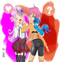 2girls ass bike_shorts brush cat character_request hasbro heart loli mikado mikado_ryouma multicolored_hair multiple_girls my_little_pony my_little_pony:_friendship_is_magic open_mouth purple_eyes ryōma scootaloo smile star