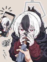1boy 1girl absurdres black_hair black_hoodie black_horns black_nails blue_archive blush brown_background candy cellphone chocolate chocolate_bar commentary_request demon_horns ear_piercing food hair_between_eyes halo hands_up highres holding holding_food holding_phone hood hood_down hoodie horns kayoko_(blue_archive) long_sleeves looking_at_viewer maro4ka multicolored_hair outline phone piercing ponytail red_eyes sexually_suggestive sidelocks simple_background smartphone solo_focus squiggle taking_picture translation_request two-tone_hair white_hair white_outline