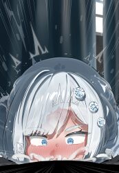 1boy 1girl absurdres akershus_fortress_(oshiro_project) blue_eyes commentary_request cum cum_in_mouth cum_overflow deepthroat fellatio grey_hair hetero highres mizumizuni oral oshiro_project:re penis pov short_hair solo_focus sweat tears