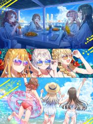 6+girls :d :t adjusting_eyewear arimura_mao arm_up ass back back_bow barefoot beach beach_house beach_umbrella bead_necklace beads bikini bikini_under_clothes blonde_hair bow bracelet braid breasts brown_hair chair cleavage cloud collarbone corn corn_cob cup drinking drinking_glass drinking_straw earrings eating facing_away floral_print flower from_behind fujita_kotone gakuen_idolmaster grey_hair half_updo hanami_saki hanami_ume hand_on_own_cheek hand_on_own_face hat highres himesaki_rinami holding_corn hood hoodie hoop_earrings idolmaster innertube jewelry jumping katsuragi_lilja kimi_to_semi_blue_(idolmaster) kuramoto_china multiple_girls necklace one_eye_closed open_clothes open_hoodie open_mouth orange_hair partially_unzipped pjkuasu plate print_innertube purple_hair red_bikini shinosawa_hiro shiun_sumika side-tie_bikini_bottom signature sitting sky smile splashing straw_hat sunglasses swim_ring swimsuit table tsukimura_temari twin_braids twitter_username umbrella water yakisoba