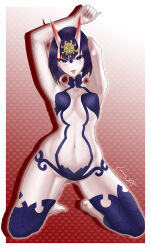 1girl absurdres armpits arms_up bare_shoulders barefoot breasts collarbone eyeliner fate/grand_order fate_(series) headpiece highres horns kneeling looking_at_viewer makeup navel oni purple_eyes purple_hair revealing_clothes short_hair shuten_douji_(fate) skin-covered_horns small_breasts smile solo tongue tongue_out wuni-ling