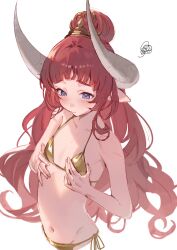 1boy ayacho bhadra_(granblue_fantasy) bikini crossdressing crossdressing_(mtf) gold_bikini granblue_fantasy horns red_hair swimsuit tagme trap