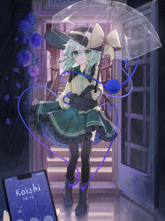 1girl 1other absurdres black_boots black_hat black_thighhighs blue_flower blue_rose boots bow cellphone chinese_commentary closed_mouth collared_shirt commentary door flower frilled_shirt_collar frilled_skirt frilled_sleeves frills full_body green_eyes green_hair green_skirt hat hat_bow hat_ribbon heart heart_of_string highres holding holding_phone holding_umbrella koishi_day komeiji_koishi long_hair long_sleeves looking_at_viewer open_door phone rain ribbon rose shirt skirt smartphone smile solo_focus stairs standing thighhighs third_eye timestamp touhou transparent transparent_umbrella umbrella water_drop white_shirt yellow_background yellow_ribbon yellow_shirt yuuneka
