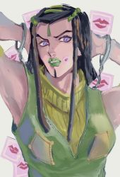 1girl armpits arms_behind_head black_hair cuffs dreadlocks ermes_costello green_lips handcuffs jojo_no_kimyou_na_bouken lipstick_mark natapy1 purple_eyes ribbed_sweater sleeveless sleeveless_turtleneck solo sticker stone_ocean sweater turtleneck