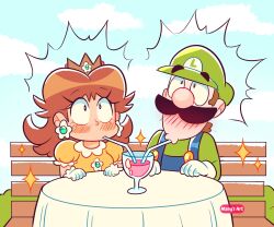 Rule 34 | 1boy, 1girl, bench, blue overalls, blush, brown hair, crown, dress, drinking, drinking straw, earrings, facial hair, flower earrings, full-face blush, gloves, green headwear, hat, highres, jewelry, long hair, looking at another, luigi, manysart1, mario (series), mustache, nintendo, nose blush, outdoors, overalls, princess daisy, puffy short sleeves, puffy sleeves, shirt, short sleeves, sitting, sky, sparkle, spitting, white gloves, yellow dress