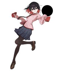 Rule 34 | 1girl, absurdres, anomarasu, black eyes, black pantyhose, bob cut, empty eyes, full body, highres, loafers, looking at viewer, monogatari (series), multicolored hair, naoetsu high school uniform, oshino ougi, pantyhose, red hair, school uniform, shoes, short hair, skirt, sleeves past fingers, sleeves past wrists, smile, solo, the darkness (monogatari), two-tone hair
