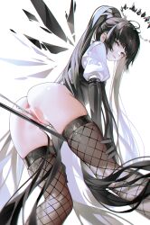 Rule 34 | 1girl, alternate hairstyle, anus, arknights, ass, black gloves, black hair, black halo, black thighhighs, black wings, blush, bottomless, bow (music), censored, commentary request, crotch rub, detached wings, elbow gloves, energy wings, fishnet thighhighs, fishnets, from behind, from below, gloves, grey eyes, halo, highres, iumu, long hair, looking at viewer, looking back, mixed-language commentary, mole, mole under eye, mosaic censoring, ponytail, puffy short sleeves, puffy sleeves, pussy juice, short sleeves, simple background, skindentation, solo, thick thighs, thighhighs, thighs, very long hair, virtuosa (arknights), white background, wings