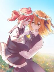 2girls a.i._voice adachi_rei age_difference alternate_costume amau_totori black_dress black_ribbon black_shoes blue_sky blush carrying child child_carry closed_eyes day dress drill_hair field flower flower_field hair_between_eyes hair_ribbon head_wreath highres kasane_teto layered_dress long_hair mu_(utau) multiple_girls neck_ribbon open_mouth orange_eyes orange_hair red_hair ribbon shoes side_drill side_ponytail sky utau white_dress white_sleeves